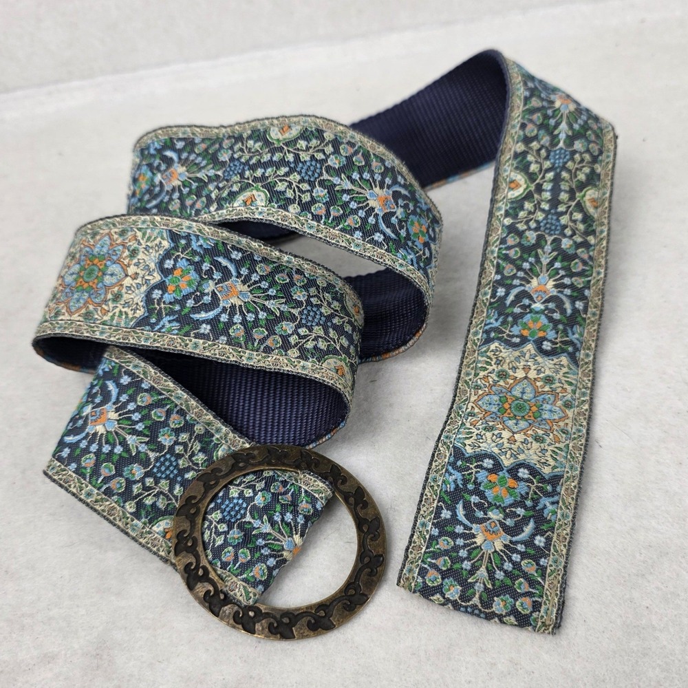 Derin Collection D Ring Belt Blue Floral Tapestry Boho Turkish 48" Wide